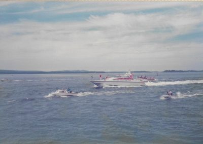 Richard Branson’s Blue Riband boat Virgin Atlantic Challenger II, taken from the Sandbanks ferry in Dorset